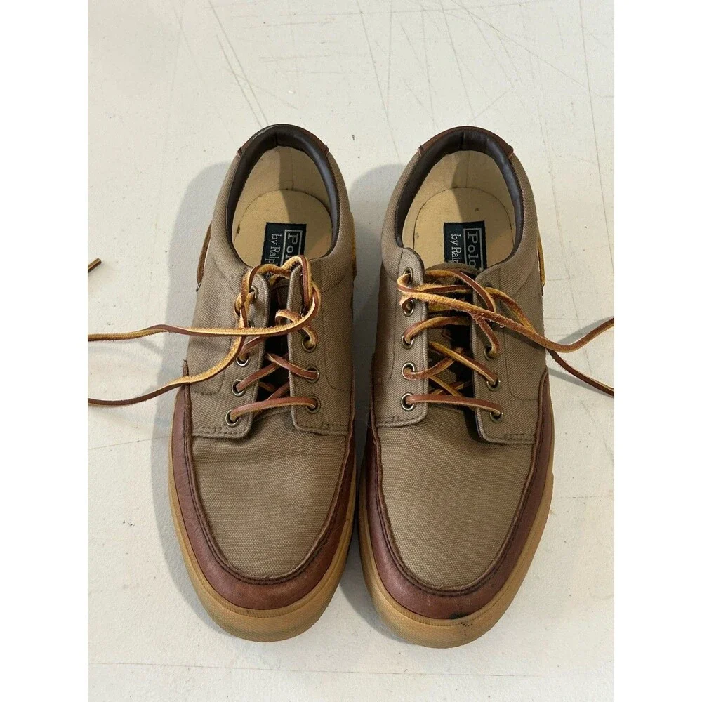 Polo Ralph Lauren Vance Side Lace Canvas Boat Shoes Brown Tan Men’s 9.5D